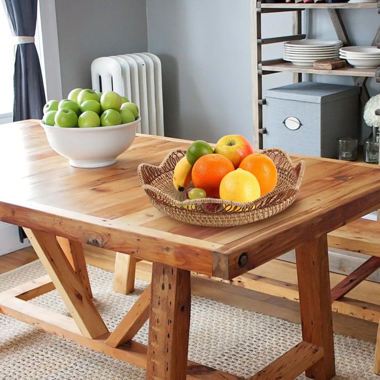 KEILEOHO 2 PCS 11.8 x 2.36 Inch Rattan Fruit Basket Round, Rattan Bread Basket, Wicker Fruit Basket, Rattan Fruit Bowl for Bread, Fruit, Vegetables, Tabletop Display KEILEOHO