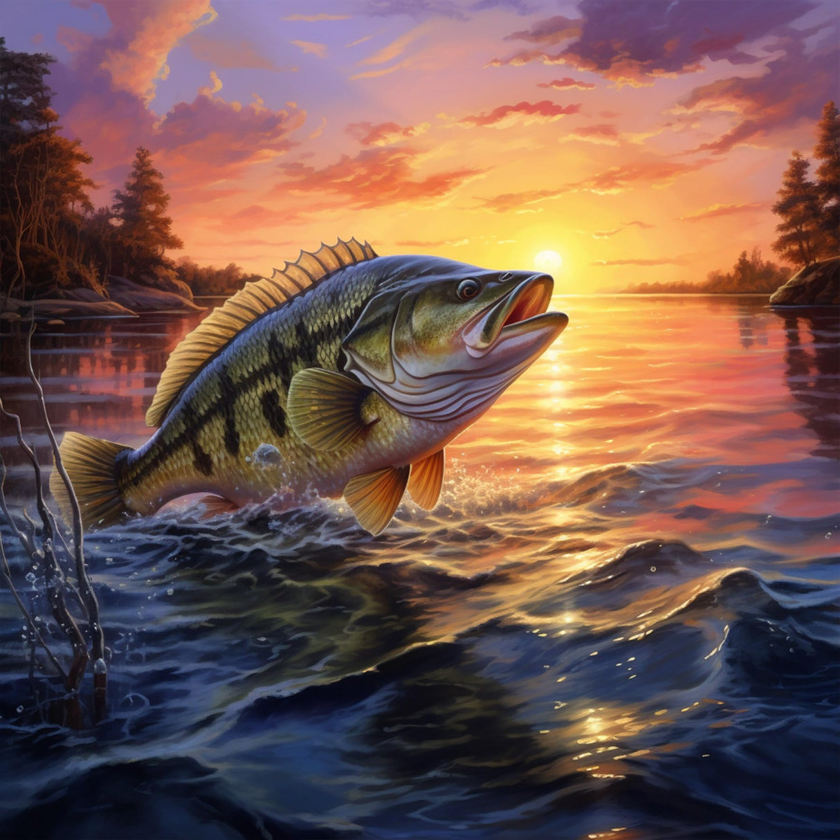 Bimkole 5D Diamond Painting Kits for Adults Sunset Fish, Full Drill River DIY Rhinestone Embroidery Set Paint with Diamonds Art by Number Kits Cross Stitch Home Wall Craft Decoration 12X12 inch Bimkole