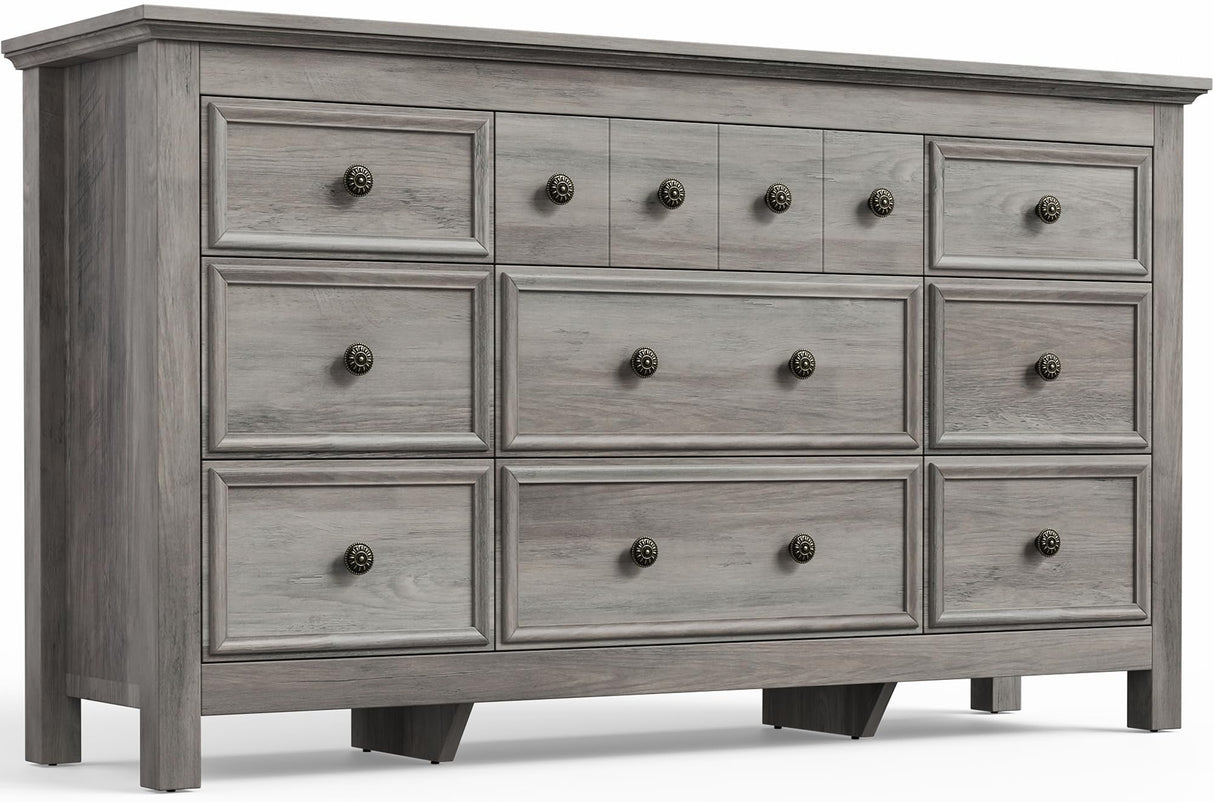 Farmhouse 9 Drawers Dresser for Bedroom, Wood Rustic Wide Chest of Drawers, TV Stand Storage Dressers Organizer for Bedroom, Living Room, Hallway,Gray LGHM