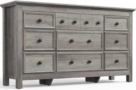 Farmhouse 9 Drawers Dresser for Bedroom, Wood Rustic Wide Chest of Drawers, TV Stand Storage Dressers Organizer for Bedroom, Living Room, Hallway,Gray LGHM