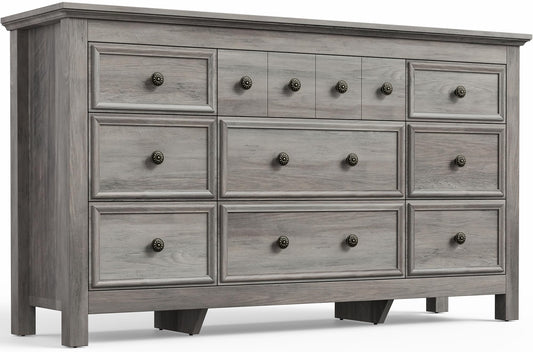 Farmhouse Dresser for Bedroom, Large Chest of Drawers, TV Stand 9 Drawers Storage Dressers Organizer for Bedroom, Living Room, Hallway,Gray