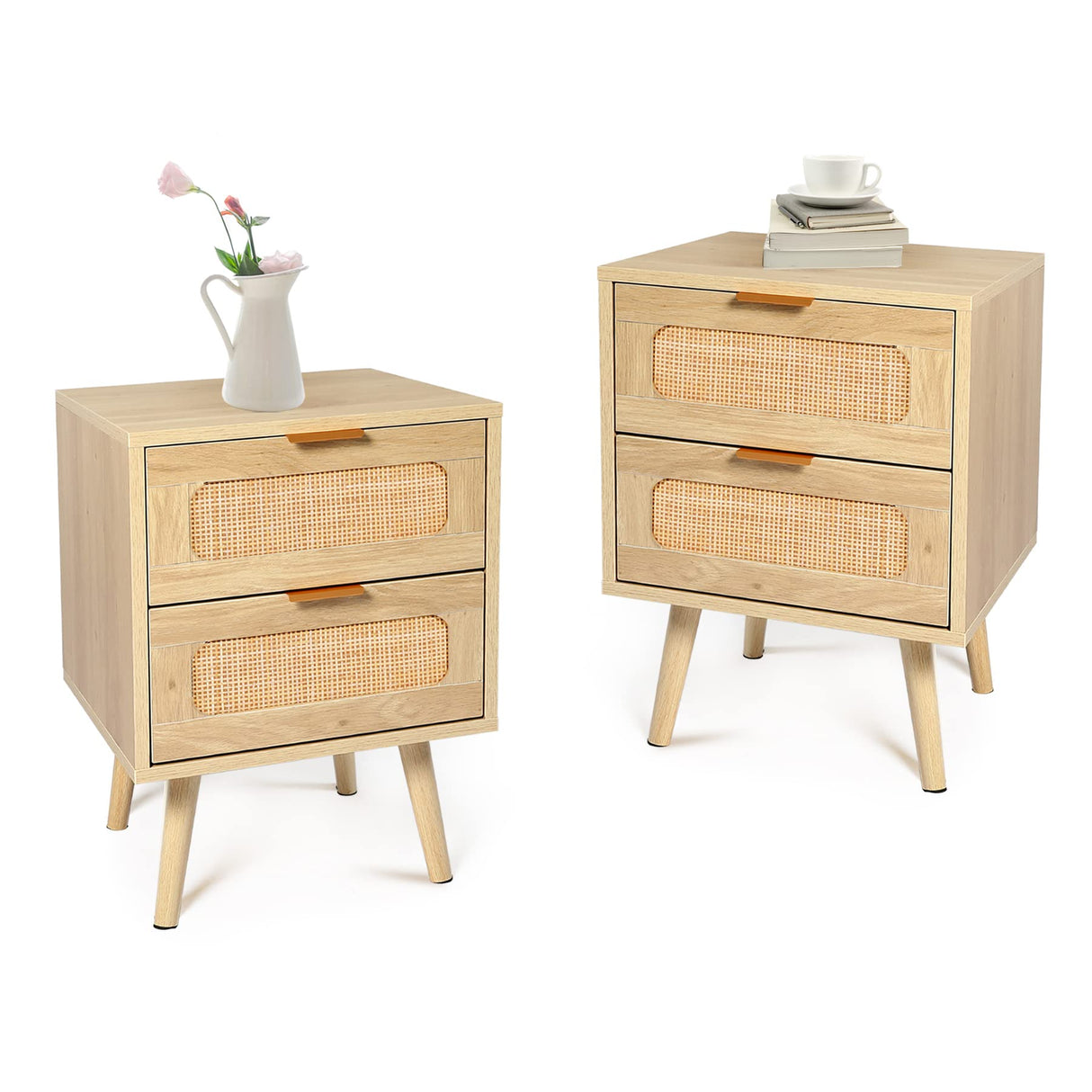 HOPUBUY Nightstands Set of 2 with Rattan Drawer, Modern Night Stand for Bedrooms, Wooden 2 Drawer Bedside Table Side Table for Small Place Living Room and Bedroom (Brown, 2 drawers 2 Pack) HOPUBUY