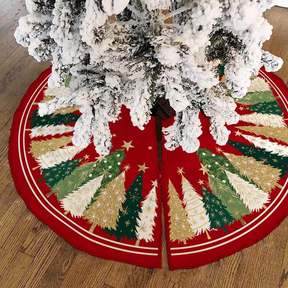 CROWNED BEAUTY Christmas Tree Skirt Collar 48 Inch Xmas Pine Trees Soft Farmhouse Holiday Decoration (Red & Green) CROWNED BEAUTY