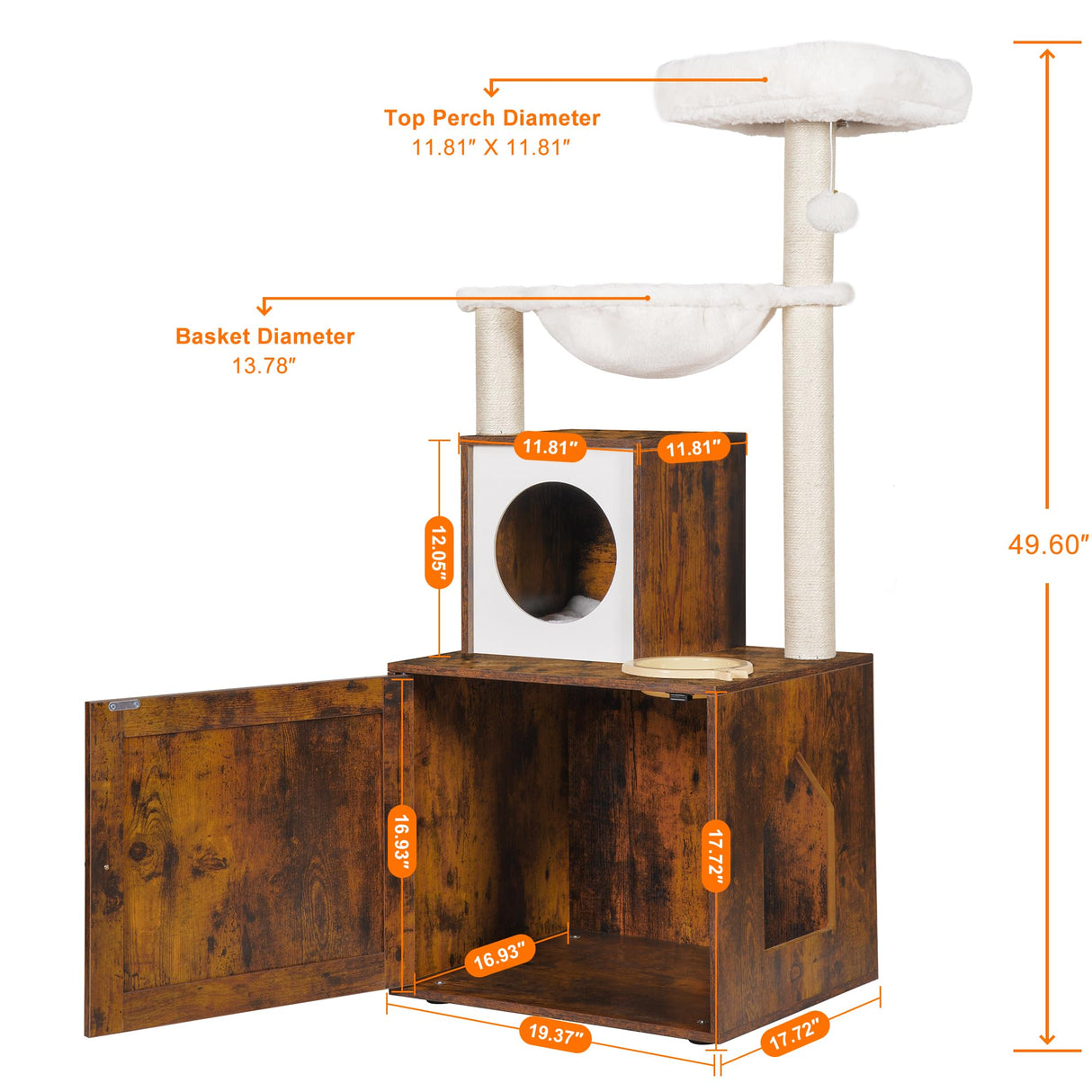 Heybly Cat Tree, Wood Litter Box Enclosure with Food Station, All-in-one Indoor Cat Furniture with Basket and Condo, Modern Style Cat Tower, Hammock, Rustic Brown HCT101SR Heybly