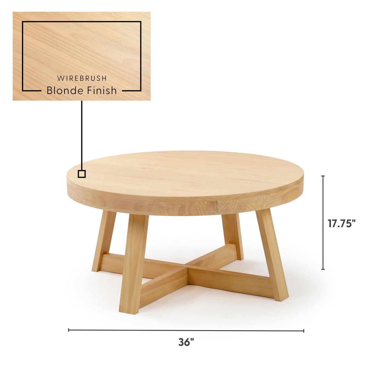 Plank+Beam Classic Round Coffee Table, 36 Inch Farmhouse Coffee Table, Rustic Mini Center Tables for Small Spaces, Small Living Space Tea Table, Blonde Wirebrush Plank+Beam