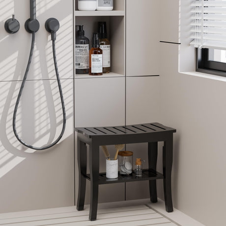 Bamboo Shower Bench & Stool Waterproof - Wood Shower Bench with Storage Shelf for Inside Shower(Black) Domax