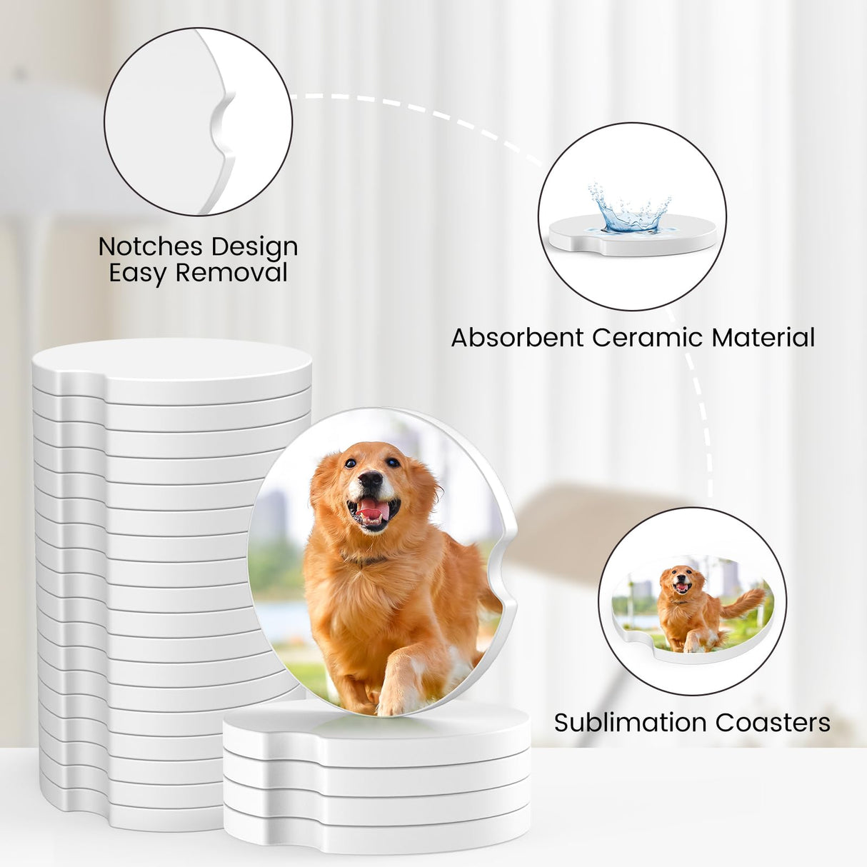 Sublimation Blanks Car Coasters, 12pcs Absorbent Ceramic Car Cupholder Coasters with A Finger Notch for Easy Removal, Keep Vehicle Free from Cold Drink Sweat, Stain and Spill Valyria