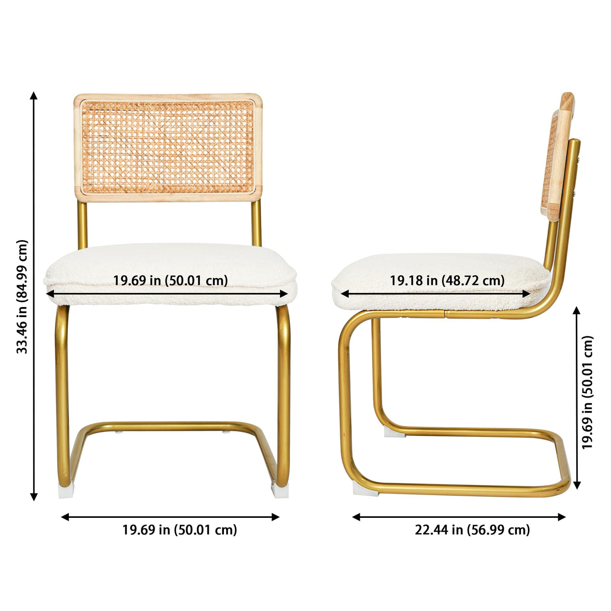 CangLong Mid-Century Modern Rattan Chairs, Upholstered Fleece Seat Armless Chairs with Rattan Backrest & Metal Legs for Home Kitchen Dining Room, Set of 2, Cream CangLong