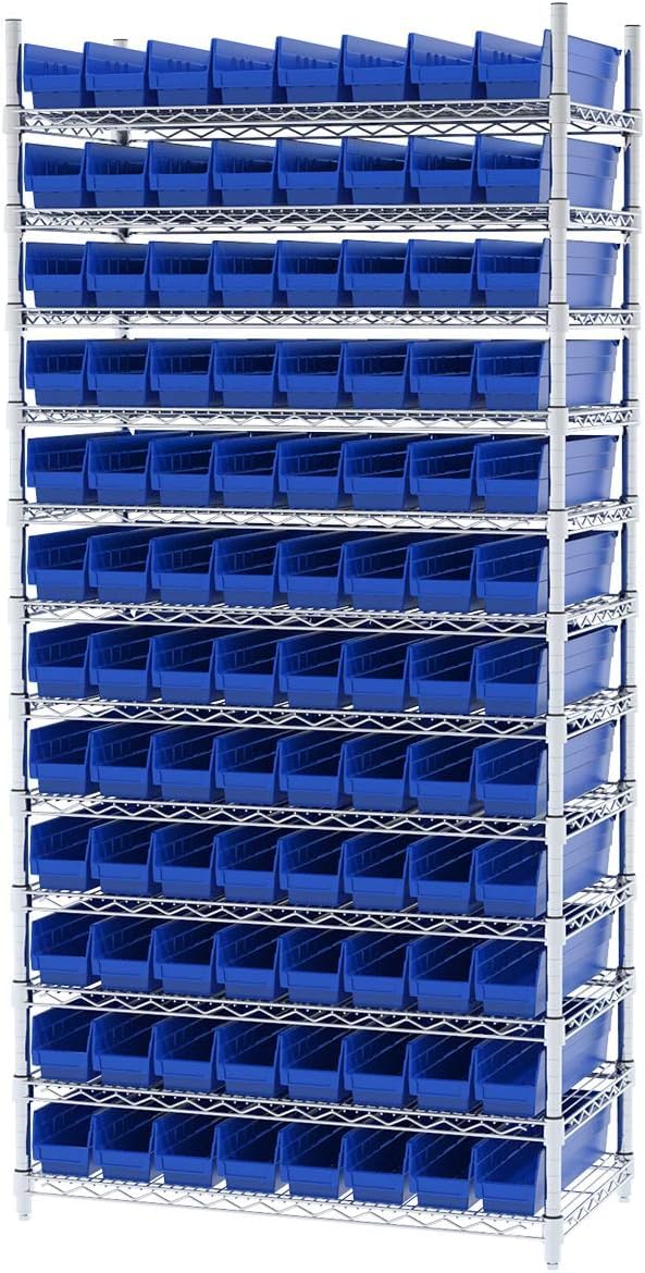 Akro-Mils 30128 Plastic Shelf Bins, Heavy Duty Storage Bins for Garage, Closet, and Drawer Organization, 18-Inch x 4-Inch x 4-Inch, Blue, 12-Pack Akro-Mils