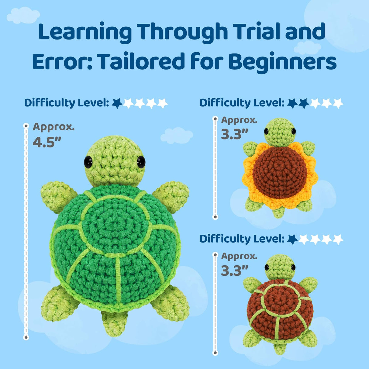 Mewaii Beginner Crochet Kit with 40% Extra Yarn, Pre-Started Yarn & Video Tutorials - 3 Sea Turtles Craft Set for Adults & Kids Mewaii