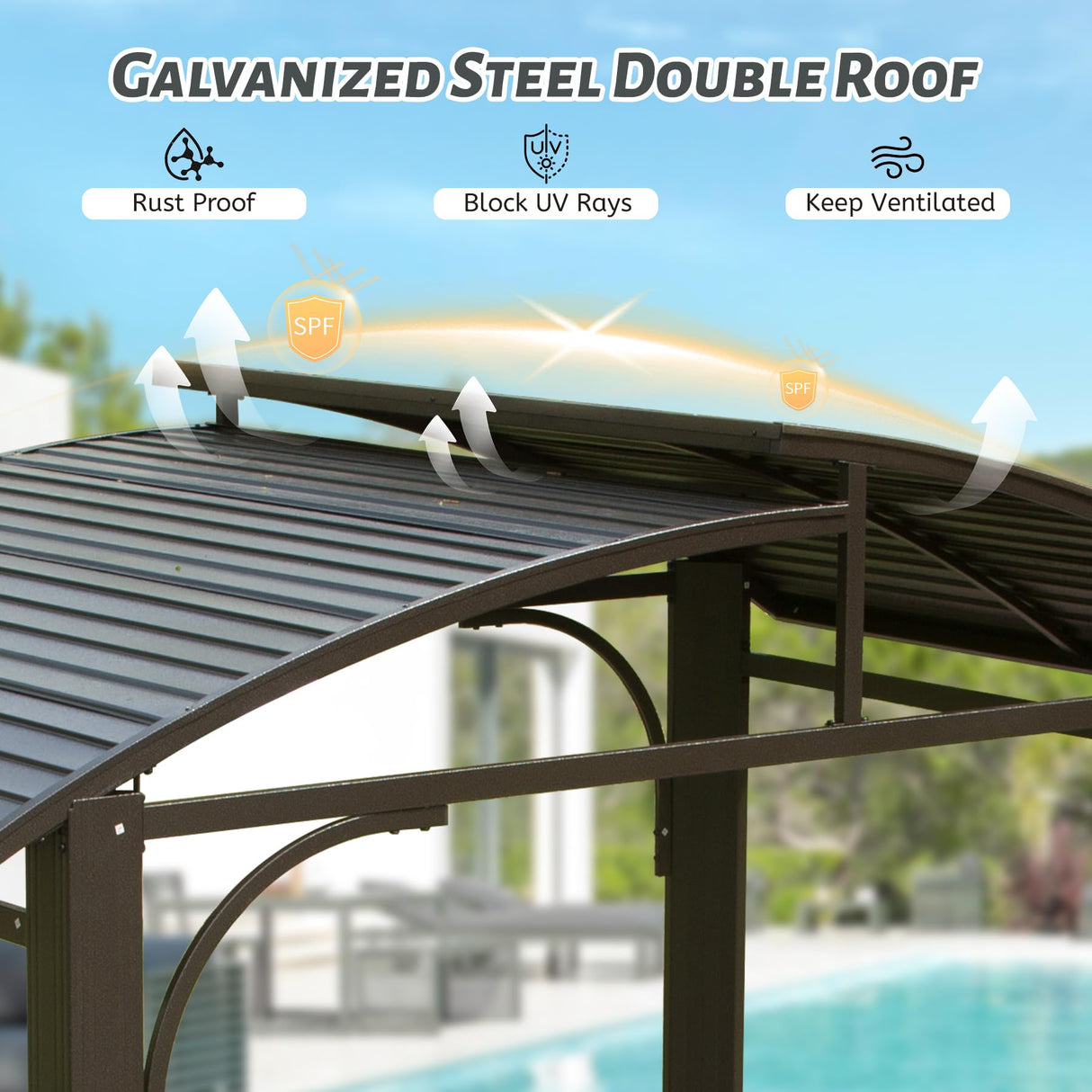 Domi Hardtop Grill Gazebo 8x5FT, Outdoor BBQ Gazebo with Galvanized Steel Double Roof, Permanent Sun Shade Grill Canopy Shelter with 2 Side Shelves and Ceiling Hook for Patio Yard Garden (Brown) domi outdoor living