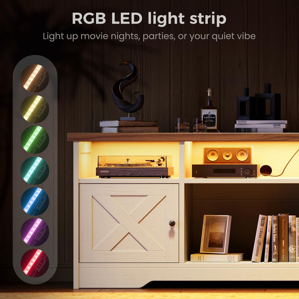 Casaottima TV Stand for 65 Inch TV, Farmhouse Entertainment Center with Power Outlet & LED Light and Storage Cabinets, Console Table and Media Furniture for Living Room Bedroom, White Casaottima