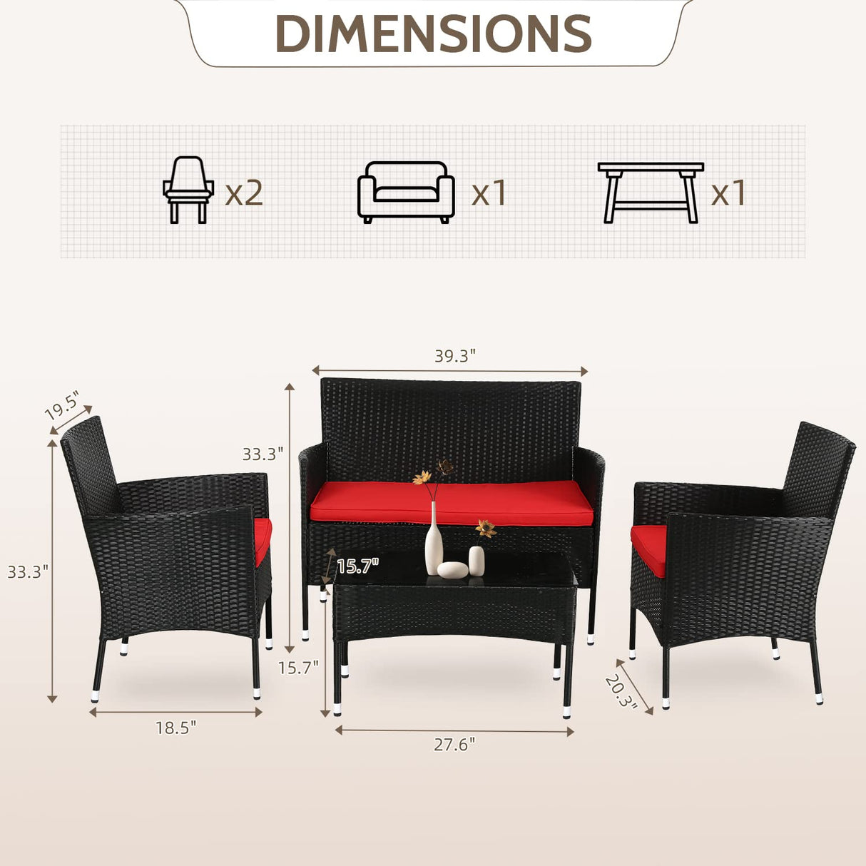 FDW Rattan Furniture Wicker Chair Patio Bristo Set for Outdoor Indoor Use with Loveseats Coffee Table,Red Cushion, 4-Pieces FDW