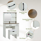 THINK 30 Farmhouse Makeup Vanity Desk with Mirror and Lights, 3 Lighting Modes, Vanity Set with Stool, Dressing Table with Adjustable Shelves,2 Drawers and Side Cabinet for Bedroom, White THINK 30