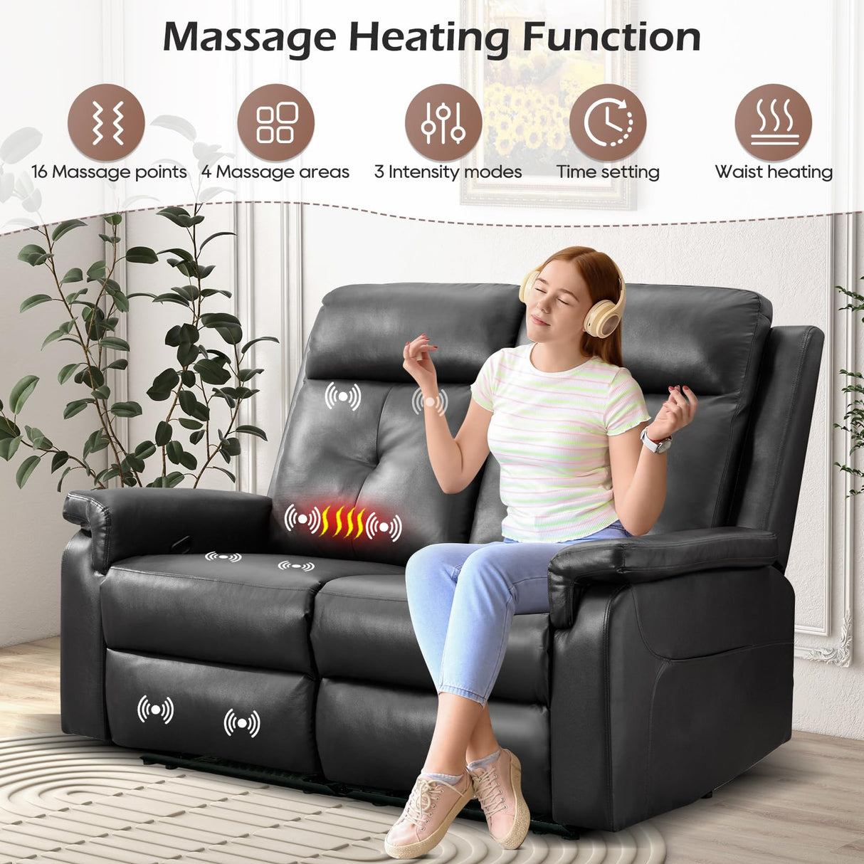 RIHEREFY PU Leather Reclining Loveseat with Heat and Massage, Double Loveseat Recliner with Side Pocket, Loveseat Recliner Sofa for Living Room, Home Theater, RV RIHEREFY