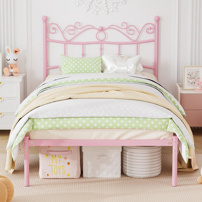 Merronix Twin Bed Frames with Headboard, Elegant Metal Pink Bed Frame for Kids Girls, Modern Heavy Duty Twin Size Platform Bed - No Box Spring Needed, 11.2 Inches Height Underneath Storage