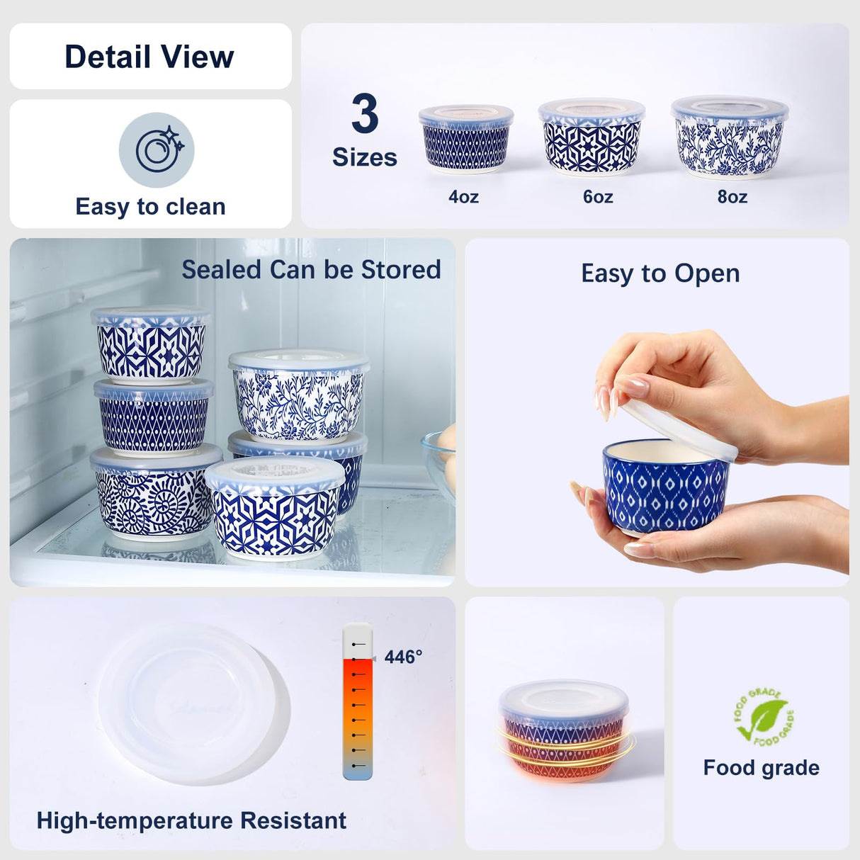 Selamica Ramekins with Lids, 8 oz Oven Safe Creme Brulee Ramekins with Covers, Souffle Dishes Pudding Custard Cups, Stackable Ceramic Small Ramekin Bowls Set for Baking, Dipping, Ice Cream, Set of 6, Vintage Blue Selamica