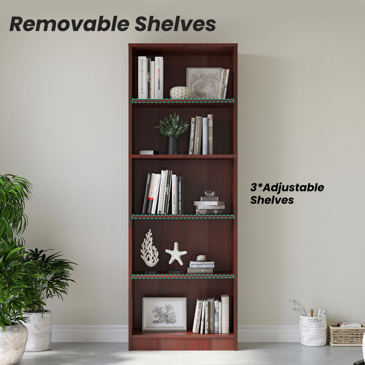 Farini Bookcase Freestanding 5 Shelf Wood Bookshelf Adjustable Shelves for Home Office,5 Layer, Mahogany Farini