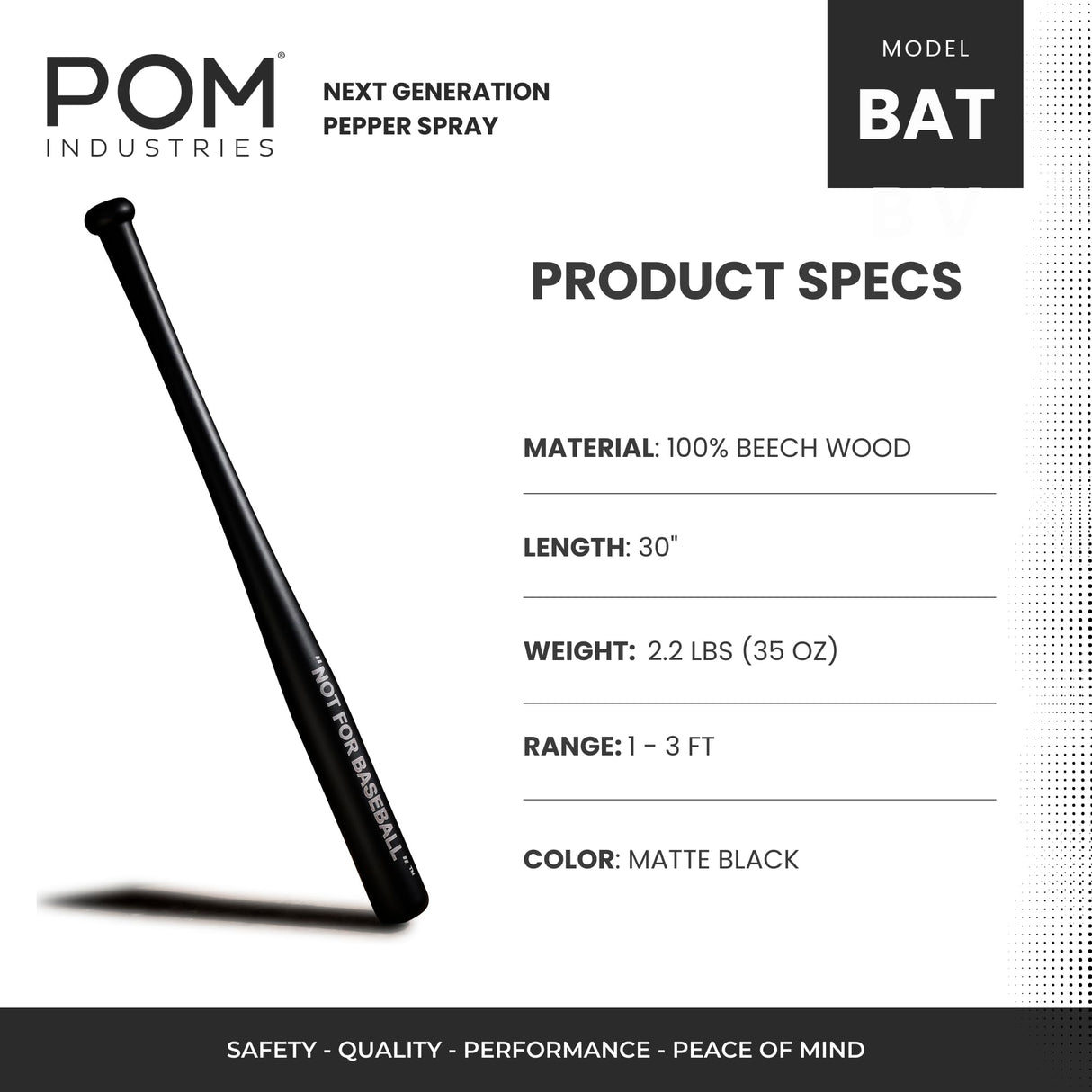 POM Baseball Bat - Not for Baseball Brand - Authentic Beech Wood - 30" Black - Softball, Batting Practice, Training, Self Defense, Home Security. POM