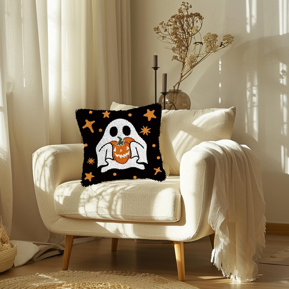 QIONG MENG Latch Hook Kits for Adults, DIY Halloween Ghost Pattern Pillow Cover Kit Needlework Cushion Cover Hand Craft Crochet for Home Sofa Decorations 17 x 17 Inch QIONG MENG