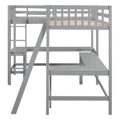 L-Shaped Grey Loft Bed with Two Built-in Desks, Twin Size, Sturdy Design, No Box Spring Required - WoodArtSupply