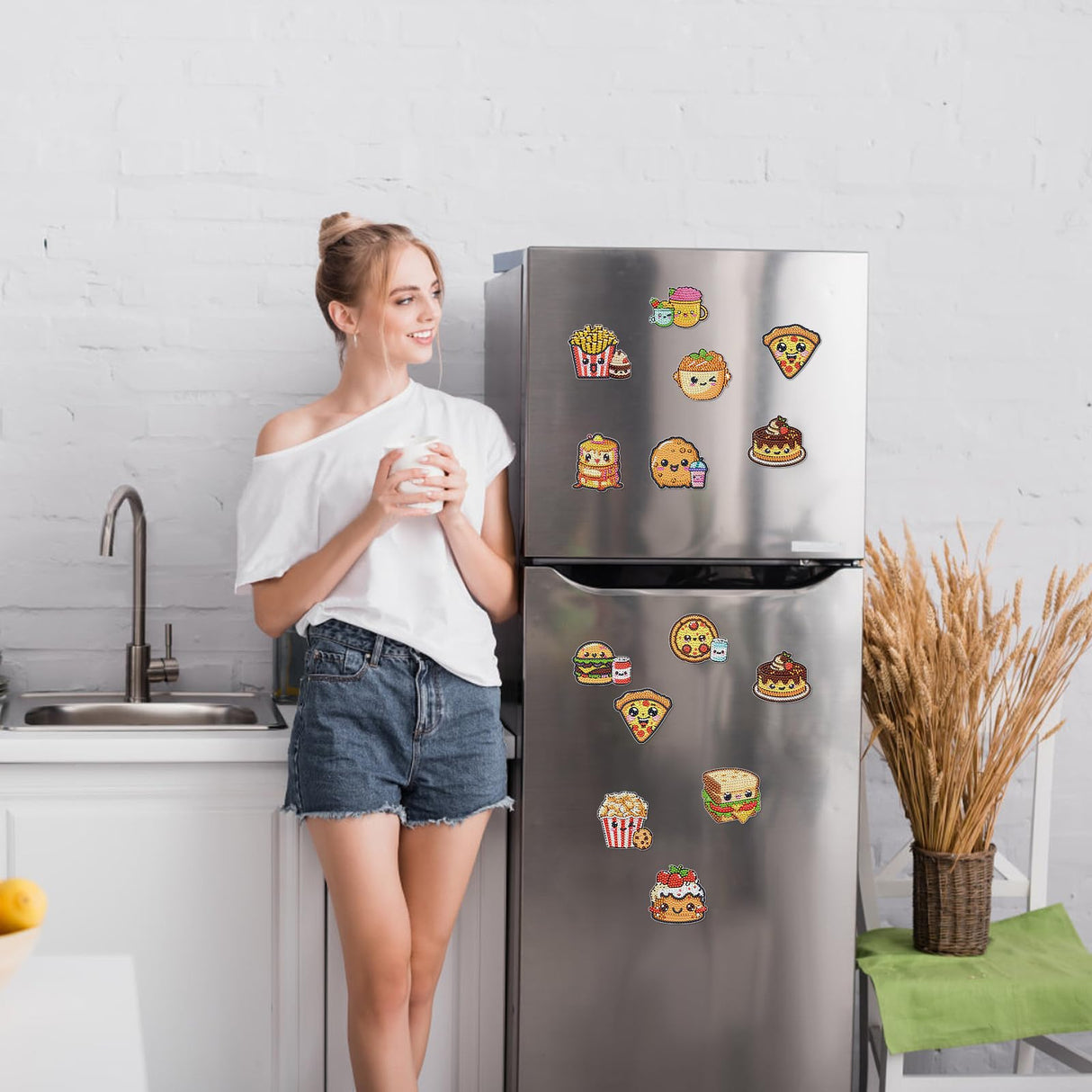 INCOK Refrigerator Diamond Art Magnets - 12 PCS DIY Diamond Painting Fridge Magnets with Cute Hamburg Fries Pizza Popcorn Sandwich Cake Pattern Fast Food Home Decors Birthday Gift for Adults Beginners INCOK