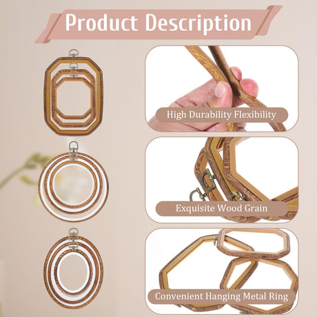 9Pcs Embroidery Hoop Frame Imitated Wood Decorative Embroidery Hoop Circle Oval Octagonal Cross Stitch Hoops for Display Sewing Craft Hanging Ornament(Various Sizes) Josojoou
