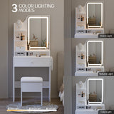 Haewon White Small Vanity Desk Set with Mirror and Lights, Mini Makup Table with Chargin Station and Storage Chair for Compact Space Bedroom Haewon