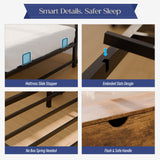 MU Twin Corner Bed Frame with Storage Bookcase and Headboard, Metal Daybed with LED Lights, Charging Station, Shelves and Drawers for Living Room, Bedroom & Guest Room, Rusic Brown MU