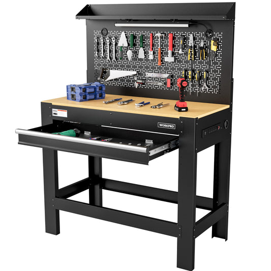 WORKPRO Garage Workbench with Storage, 45" Workbench with Pegboard, Power Outlets and Light, 800 LBS Multipurpose Work Bench for Garage, Warehouse, Workshop, Home - WoodArtSupply