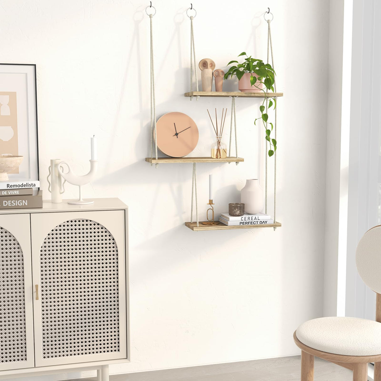 Fixwal Hanging Shelves for Wall, 3 Tier Boho Wall Decor Plant Rack Floating Shelves Rope Rustic Wood Organizer Storage Hanger for Aesthetic Home Bedroom Kitchen Bathroom- Rustic Brown Fixwal