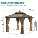 YITAHOME 10x10ft Hardtop Gazebo with Nettings and Curtains, Heavy Duty Double Roof Galvanized Steel Outdoor Combined of Horizontal Vertical Stripes Roof for Patio, Backyard, Deck, Lawn (Bronze) YITAHOME