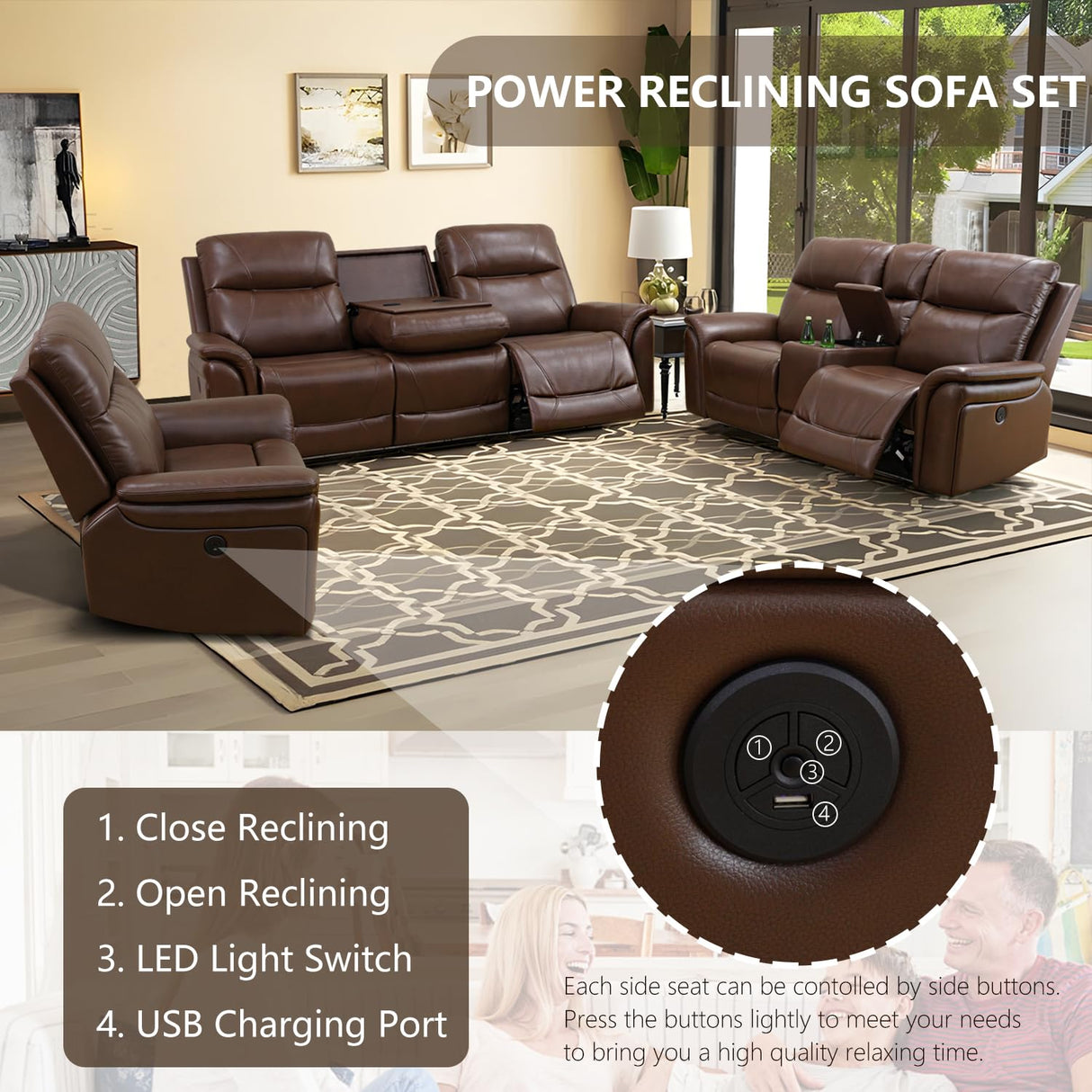 Anthato Power Recliner Living Room Set, Leather Reclining Sofa Set with Coffee Table, Living Room Furniture Sets, Brown Recliner Couch with Cup Holders/Charging Port for Home Theater/Office, Brown Anthato