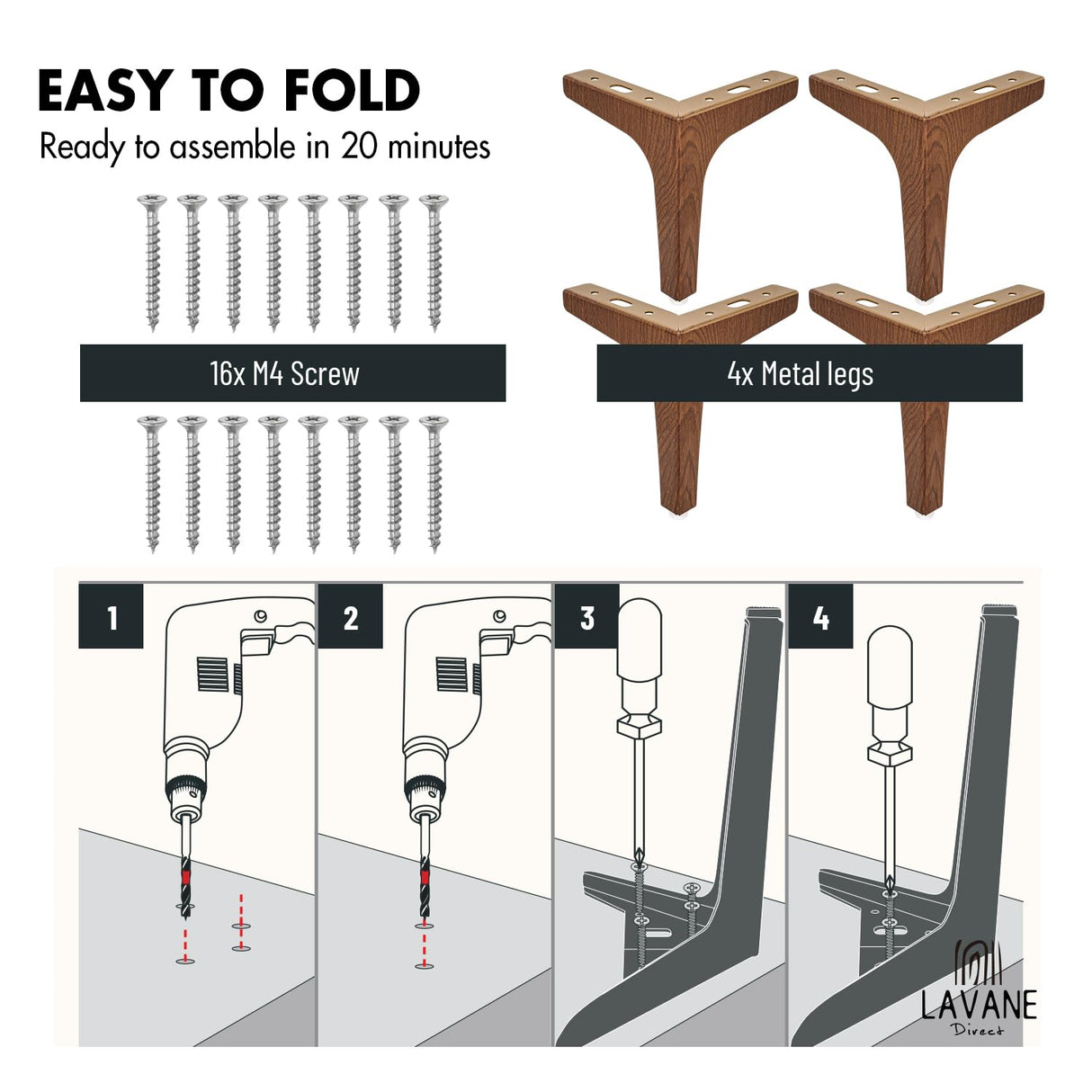 La Vane 4 inch Metal Furniture Legs, Set of 4 Modern Iron Diamond Triangle Furniture Feet DIY Replacement Walnut for Cabinet Cupboard Sofa Couch Chair Ottoman La Vane