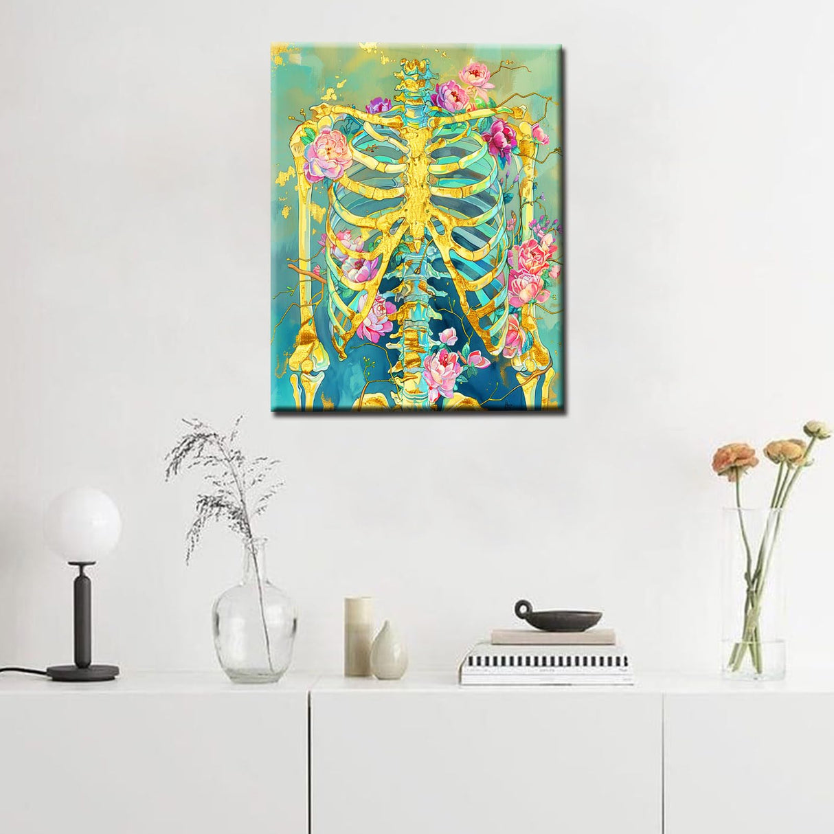 Tucocoo Golden Skeleton Paint by Numbers for Adults Beginners Paint by Number Pink Flowers Bone DIY Acrylic Paint by Numbers Kits on Canvas Drawing Paintworks Artwork Home Wall Art 16x20inch No Frame Tucocoo