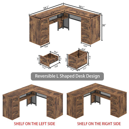 HSH L Shaped Computer Desk with File Drawers, Large Metal Wood L Shape Table with Storage Cabinet Shelves, Reversible Corner Home Office Executive Writing Study Workstation Desk, Rustic Brown, 59 Inch