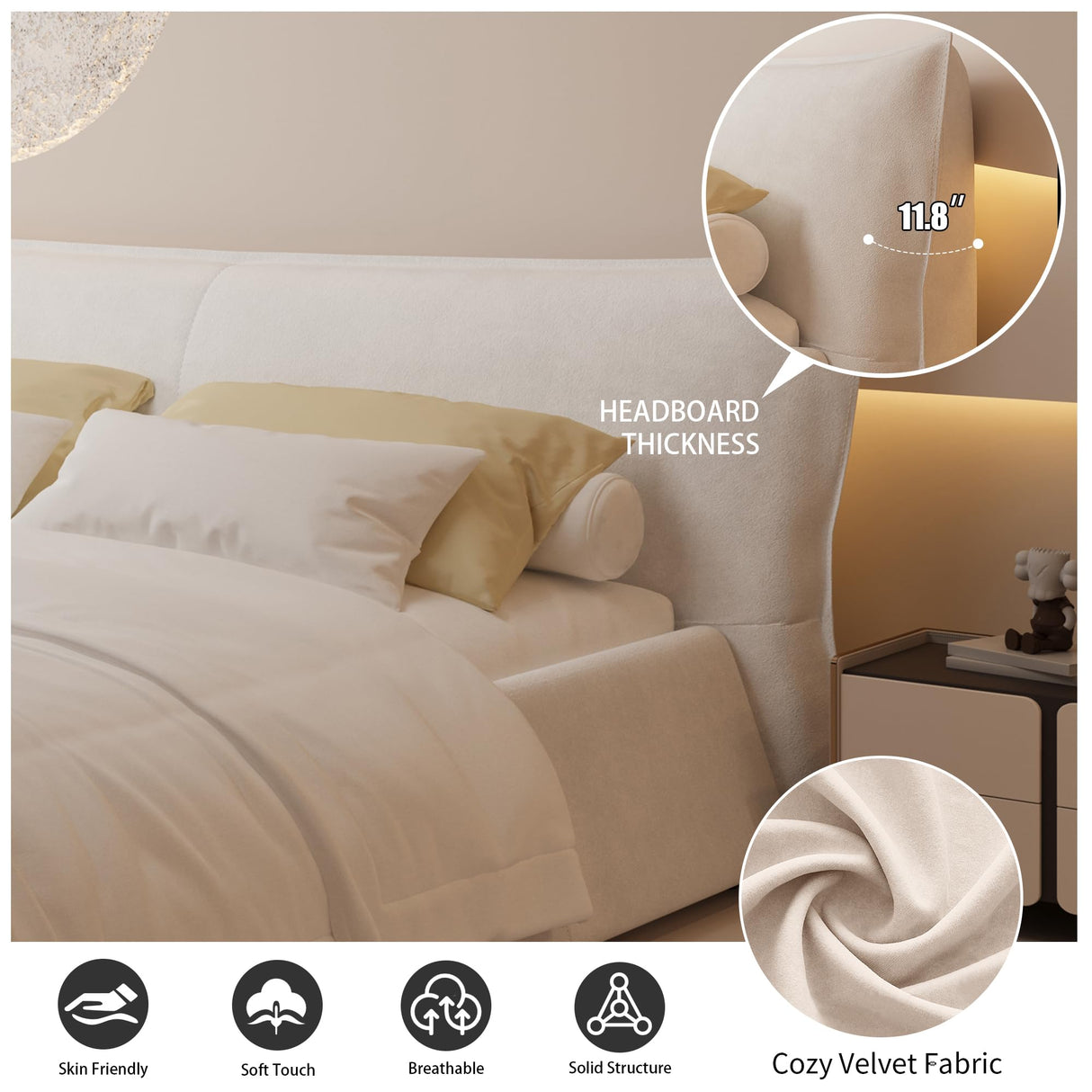 SmartEdge King Size Cloud Bed Frame with Oversized Soft Velvet Thick Headboard, Modern Luxury King Size Upholstered Platform Bed, Elegant Design Soft Bedframe, No Box Spring Needed, Cream SmartEdge