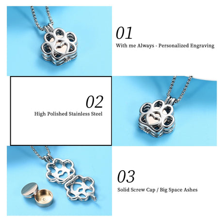 Oinsi Pet Cremation Jewelry For Ashes For Dog/Cat Paw Stainless Steel Memorial Locket Urn Necklace Inside Mini Case Keepsake Cremation Jewelry Women Men (Silver With Rose gold) Oinsi