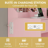 Vanity Desk with Mirror and Lights, Small Makeup Vanity Table with RGB Storage Cabinet & Power Strips & Shelves, 3 Lighting Modes & Adjustable Brightness, Dressing Table for Women Girls Bedroom, Pink Xixini