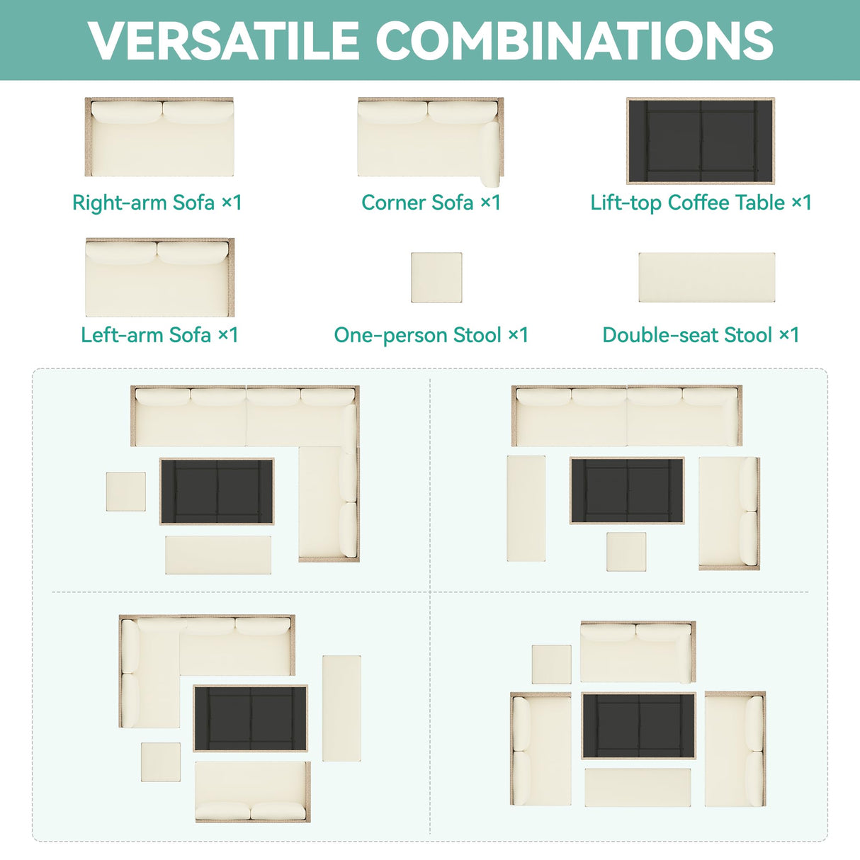 YITAHOME L-Shaped Patio Furniture Set, All Weather Wicker Outdoor Sectional Sofa Conversation Set with Dining Table and Ottoman, Light Brown+Beige YITAHOME