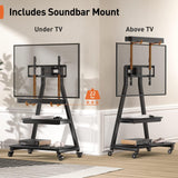 Perlegear Mobile TV Stand with Soundbar Mount, Rolling Floor TV Stand with Wheels for 43-80" TVs up to 132lbs, Mobile TV Cart with Storage Shelves, Tilt Swivel Corner TV Cart Max VESA 600x400mm Perlegear