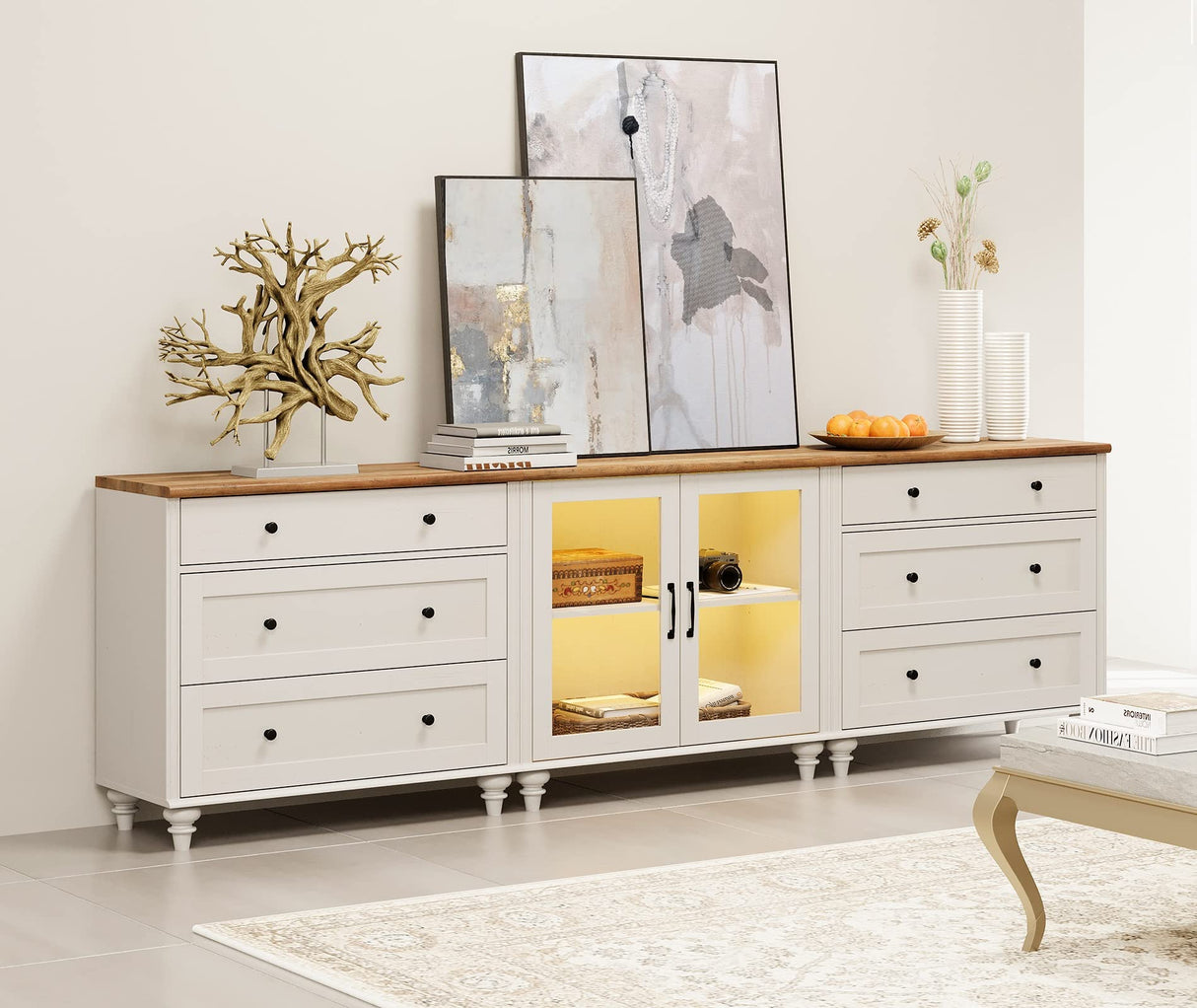 WAMPAT TV Stand for 100 Inch TV, Wood TV Console Table for 75/80/85/90 Inch TV, Entertainment Center with Glass Door & Drawer, Kitchen Sideboard Buffet Cabinet for Dining Room, Off White WAMPAT