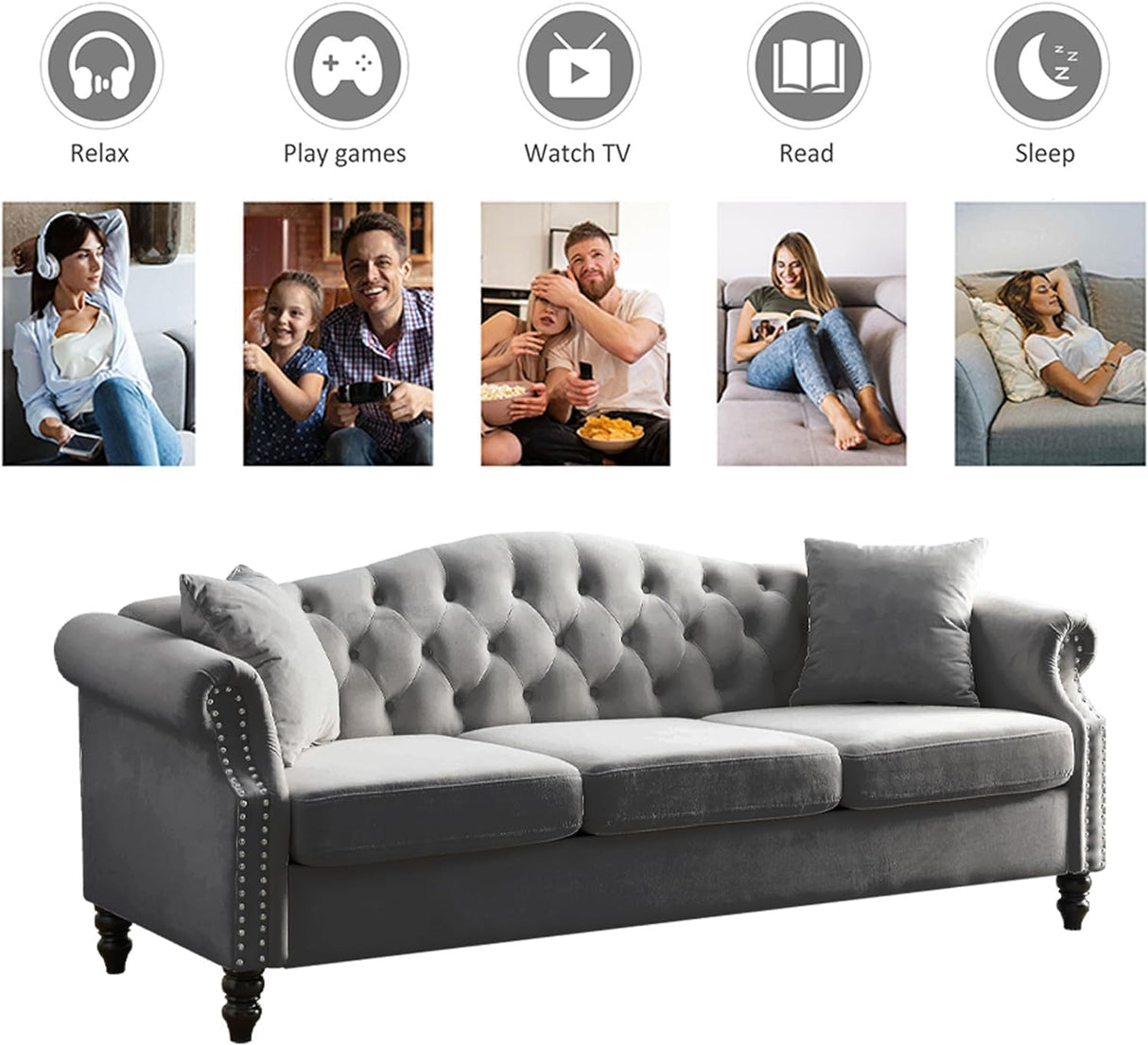 ATUMON 79" Chesterfield Velvet Couch for Living Room, 3-Seater Tufted Sofa with Rolled Arms Nailhead & Two Pillows for Bedroom, Office & Coffee Bar, Gray ATUMON