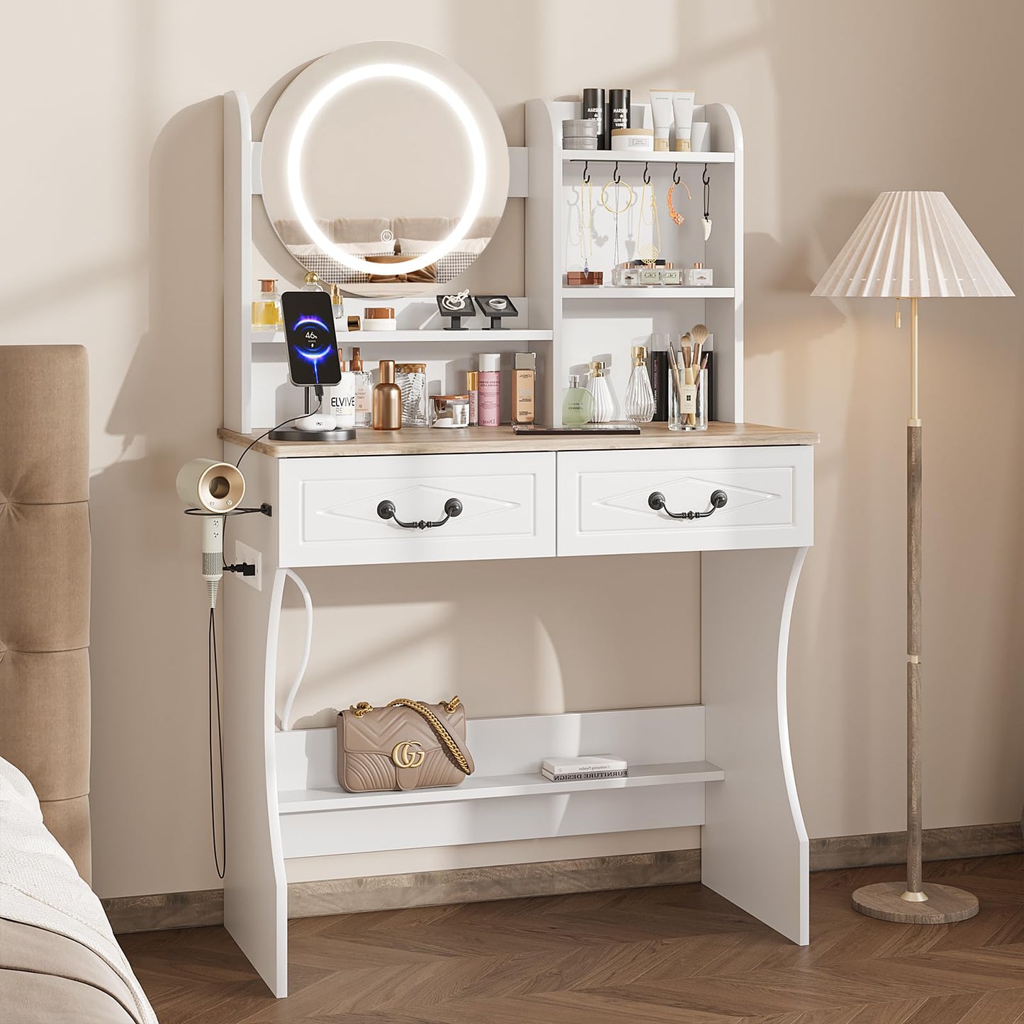 Vabches Vanity Desk with Mirror and Lights, Makeup Vanity Desk with Charging Station, 3 Lighting Modes & Adjustable Brightness Dressing Table with 2 Drawers for Bedroom Dressing Room