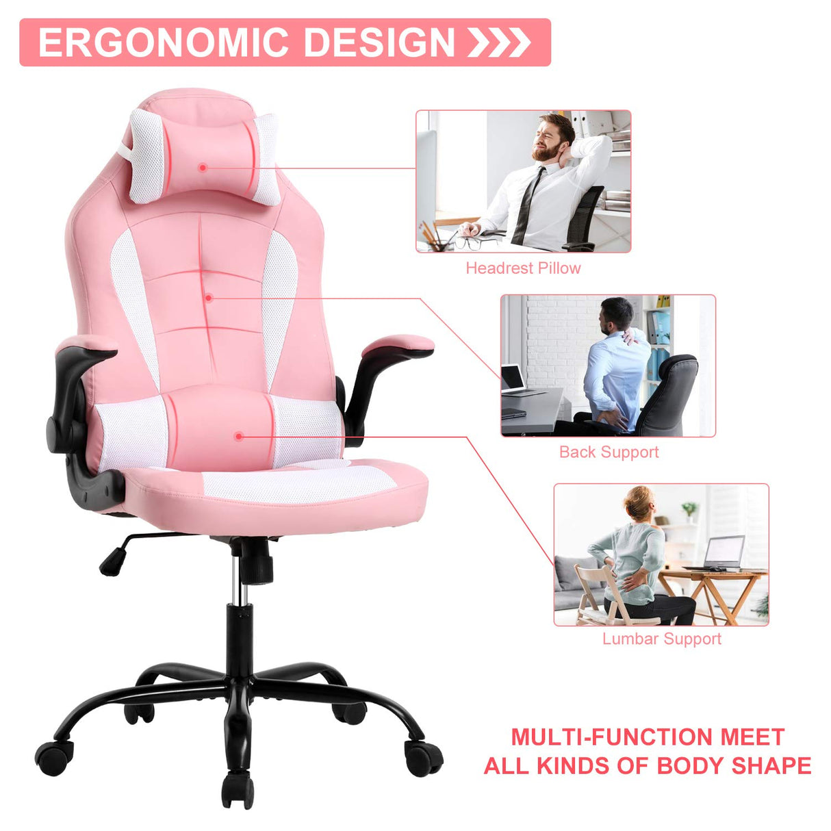 Meet perfect Pink Gaming Chair for Adults, Ergonomic Computer Chair w/Flip Up Armrest and Lumbar Support Adjustable Office Gamer Chair with 360° Swivel Seat and Headrest, 250lb Capacity Meet perfect
