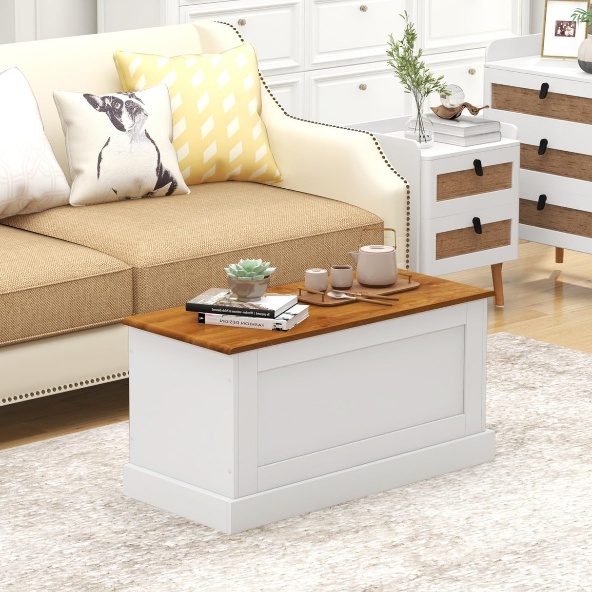 LOKO 35.5” Storage Bench, Lift Top Storage Box with Metal Hinges, Entryway Storage Chest with Safety Hydraulic Strut, Large Farmhouse Storage Trunk for Living Room, Bedroom, White and Natural LOKO