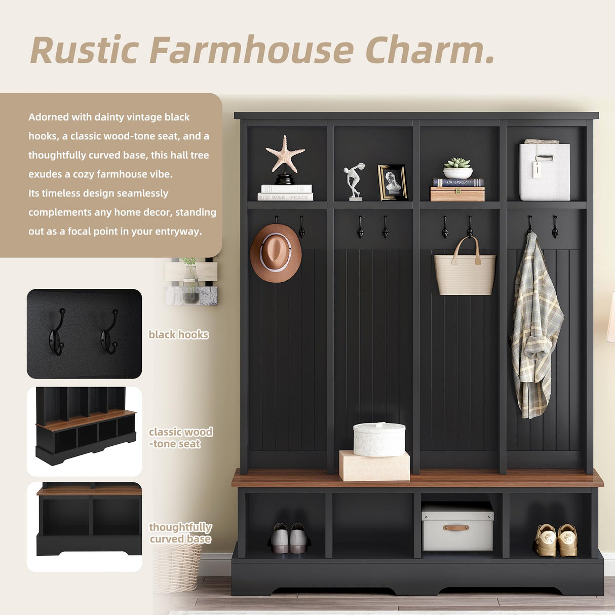 75''H Farmhouse Hall Tree With Bench And Shoe Storage, Entryway Bench With Open Compartments Coat Rack, 8 Shoe Cubbies & 8 Coat Hooks, For Mudroom, Hallway Storages Cabinet, Living Room (Black) PurityVow