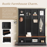 75''H Farmhouse Hall Tree With Bench And Shoe Storage, Entryway Bench With Open Compartments Coat Rack, 8 Shoe Cubbies & 8 Coat Hooks, For Mudroom, Hallway Storages Cabinet, Living Room (Black) PurityVow