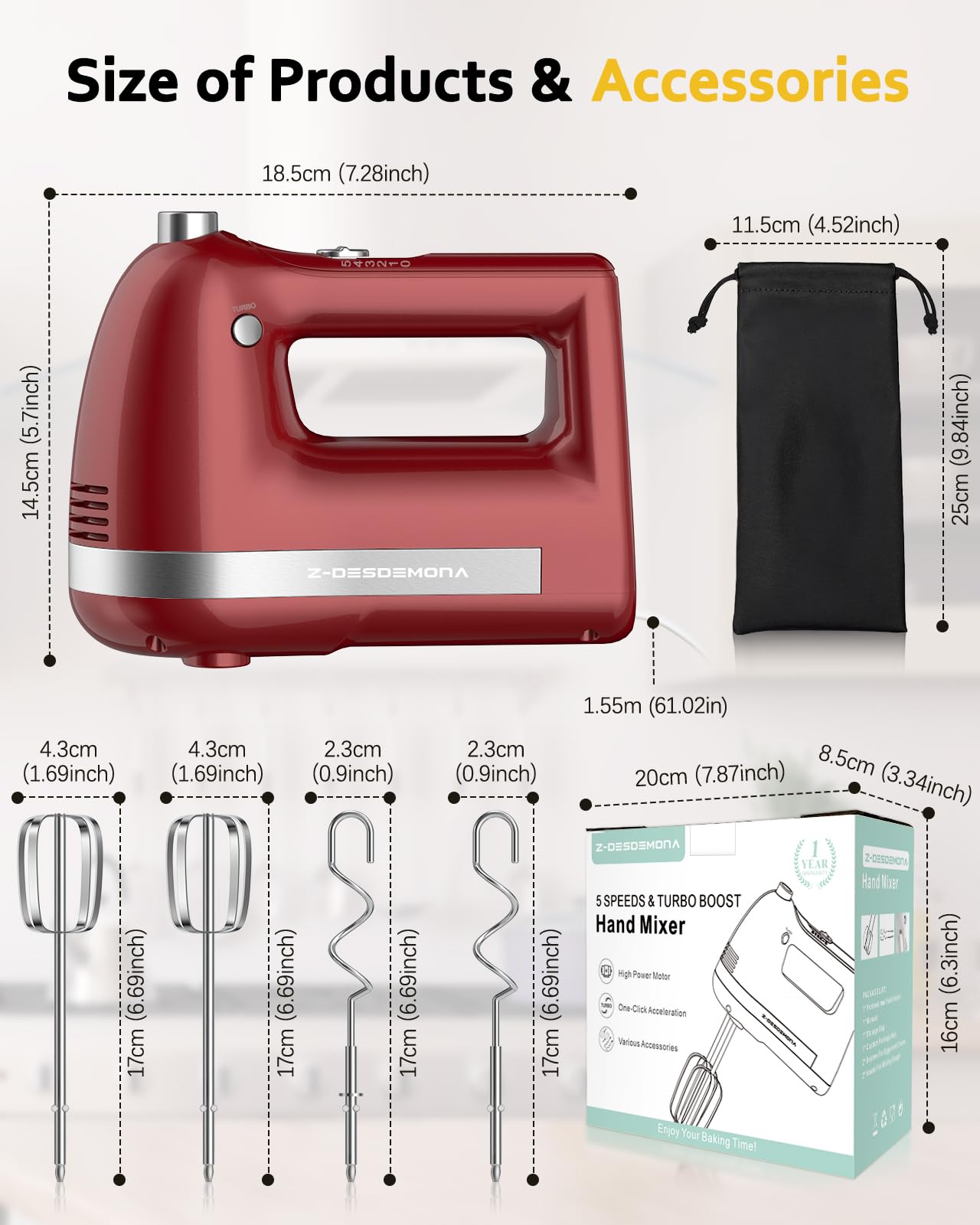 Z-DESDEMONA Electric Hand Mixer, Powerful 300W Hand Mixer Electric Handheld with 304 Beaters, Dough Hook, Hand Held Mixer with Turbo for Baking Cakes, Eggs, Cream Food(Red)