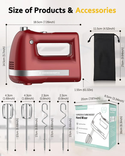 Z-DESDEMONA Electric Hand Mixer, Powerful 300W Hand Mixer Electric Handheld with 304 Beaters, Dough Hook, Hand Held Mixer with Turbo for Baking Cakes, Eggs, Cream Food(Red)